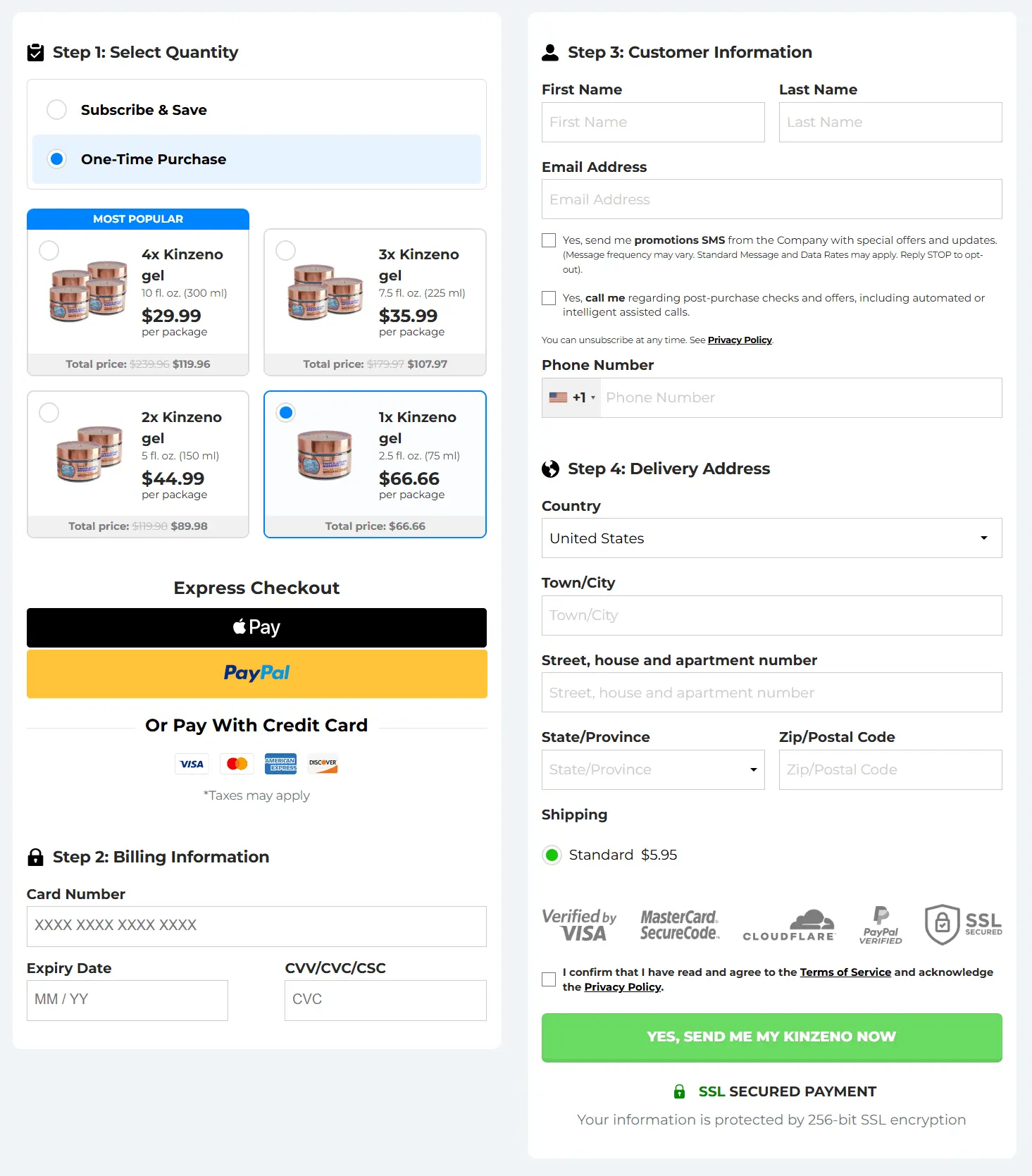 kinzeno gel secure checkout page